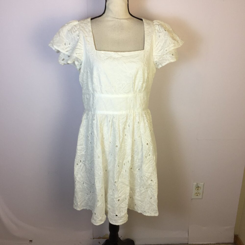 Donna Morgan Fit & Flare Dress Size 10 Womans White Eyelet Cotton Square Neck
